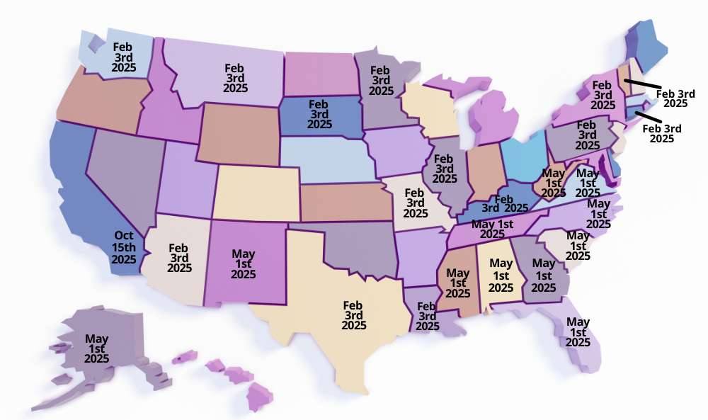 Map of the U.S. highlighting states with active 2025 relief or rebate programs