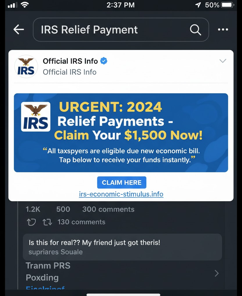 Screenshot of a fake IRS relief payment post on social media mimicking an official announcement.